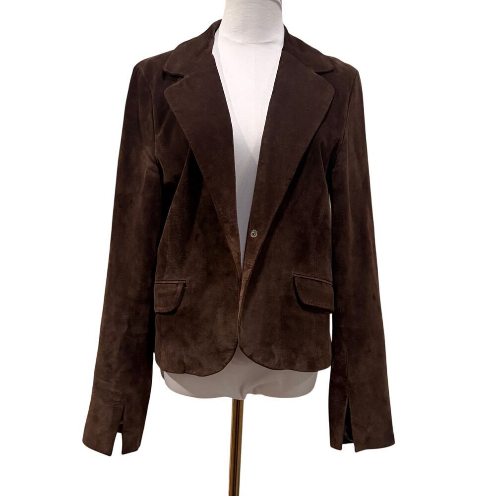Karen Kane Chocolate Brown Suede 100% Leather Blazer Jacket L Leopard Lined